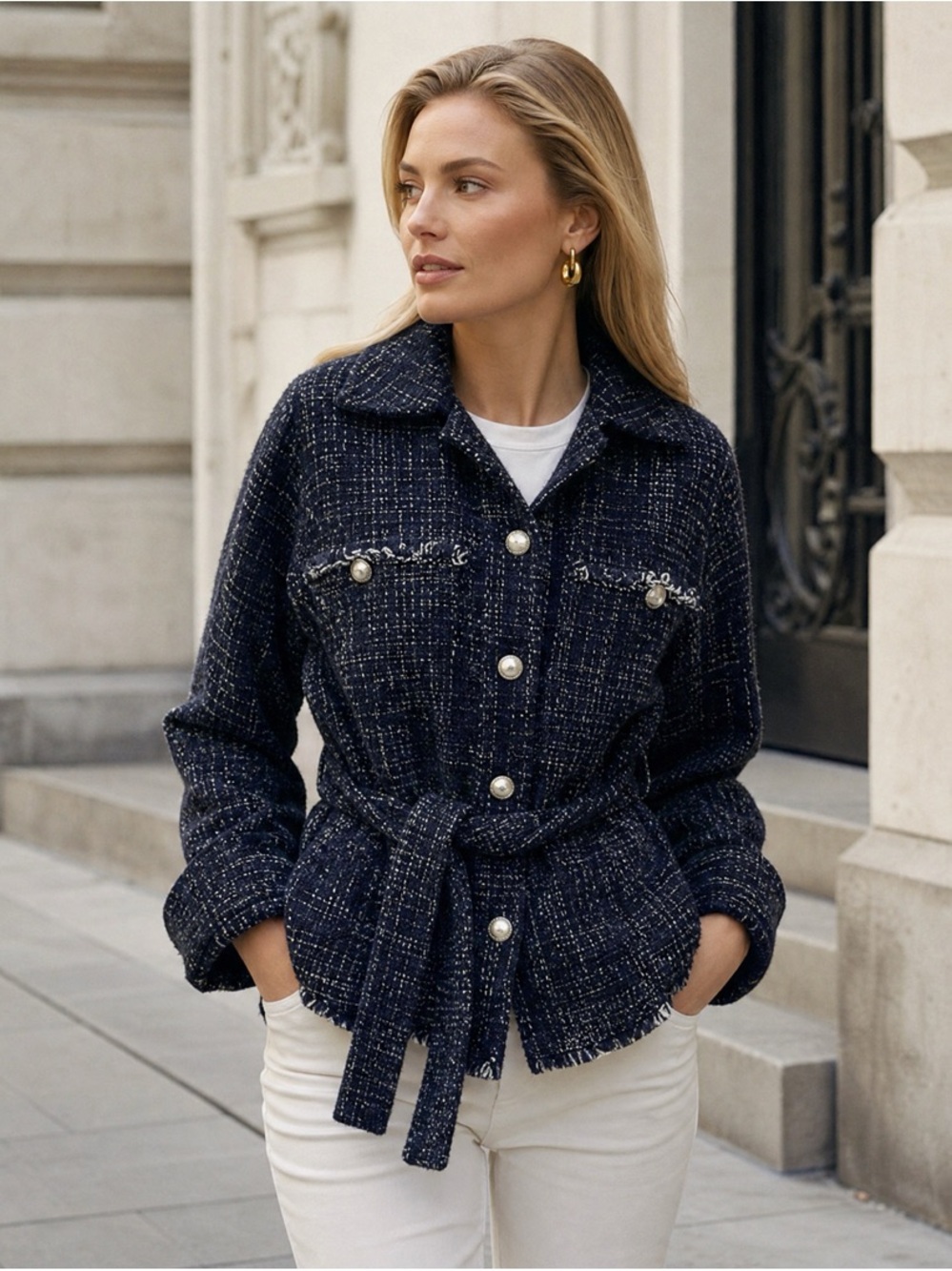 ba&sh Navy Tweed Belted Jacket with Pearl Buttons